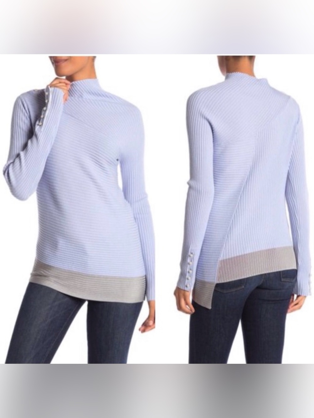 RAG & BONE Light Blue Ribbed Mock Neck Sweater with Contrast Hem & Pearl Accents